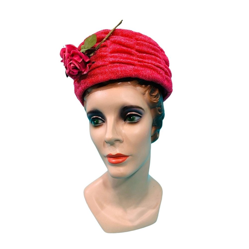 Vintage 1960s Pillbox Hat Hotpink Floral Round Hat